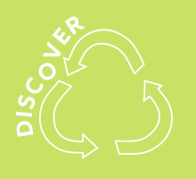 White icon of a recycle symbol on a lime green background, text reads 'discover'