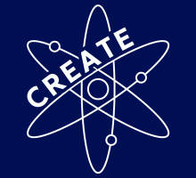 White icon of a atom on a navy background, text reads 'create'